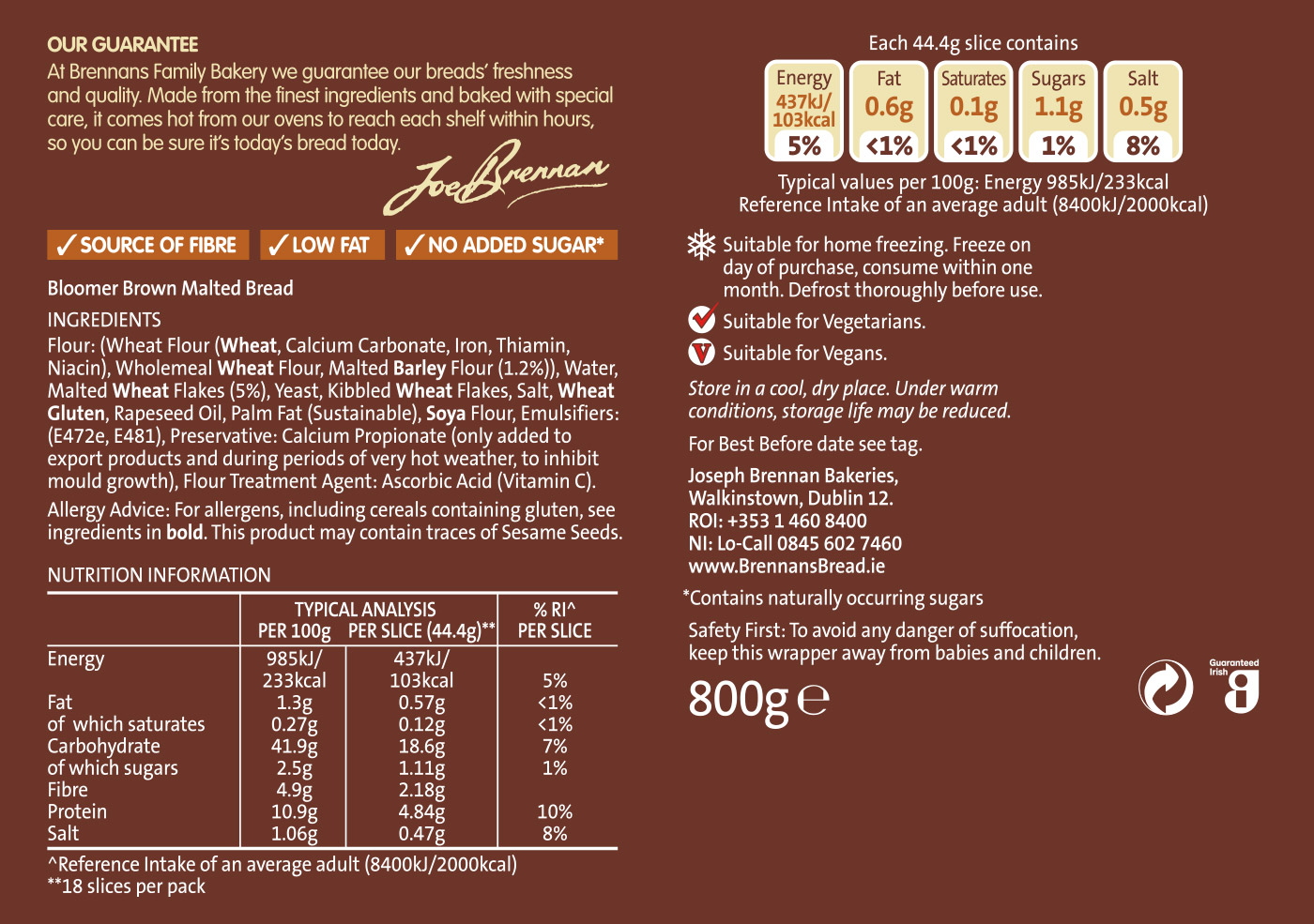 Brennans Bloomer Brown Nutritional Info