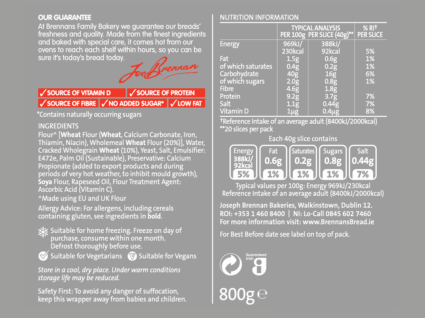 Brennans Wholegrain with Vitamin D Nutritional Info