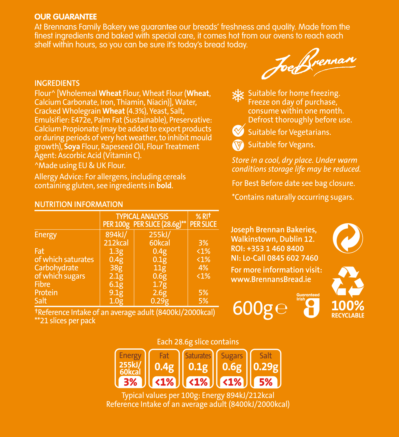 Be Good Wholegrain 600g Nutritional Information