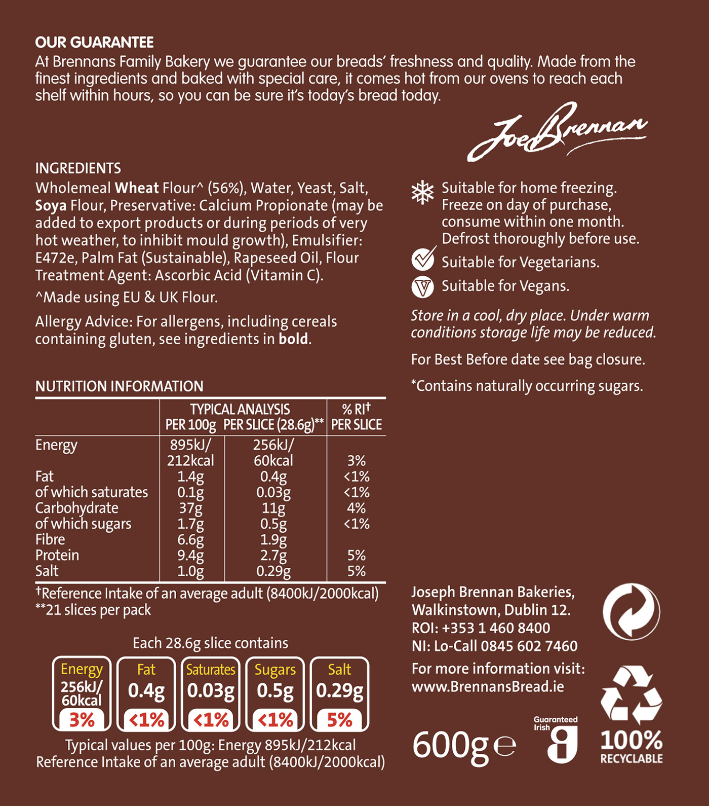 Brennans Be Good Wholemeal Nutritional Info