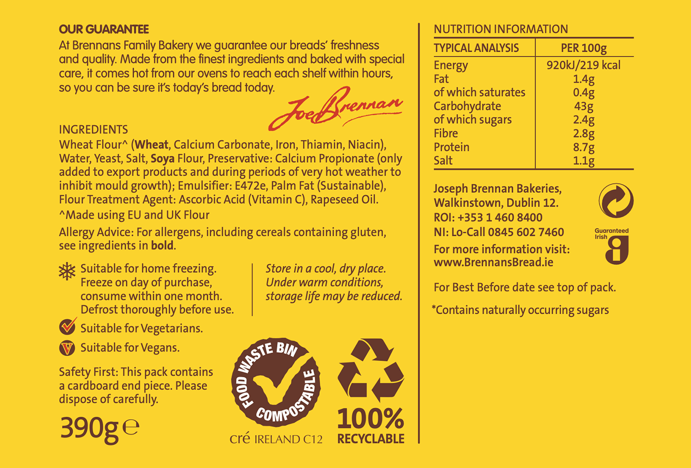 Brennans Family Half Pan Nutritional Info