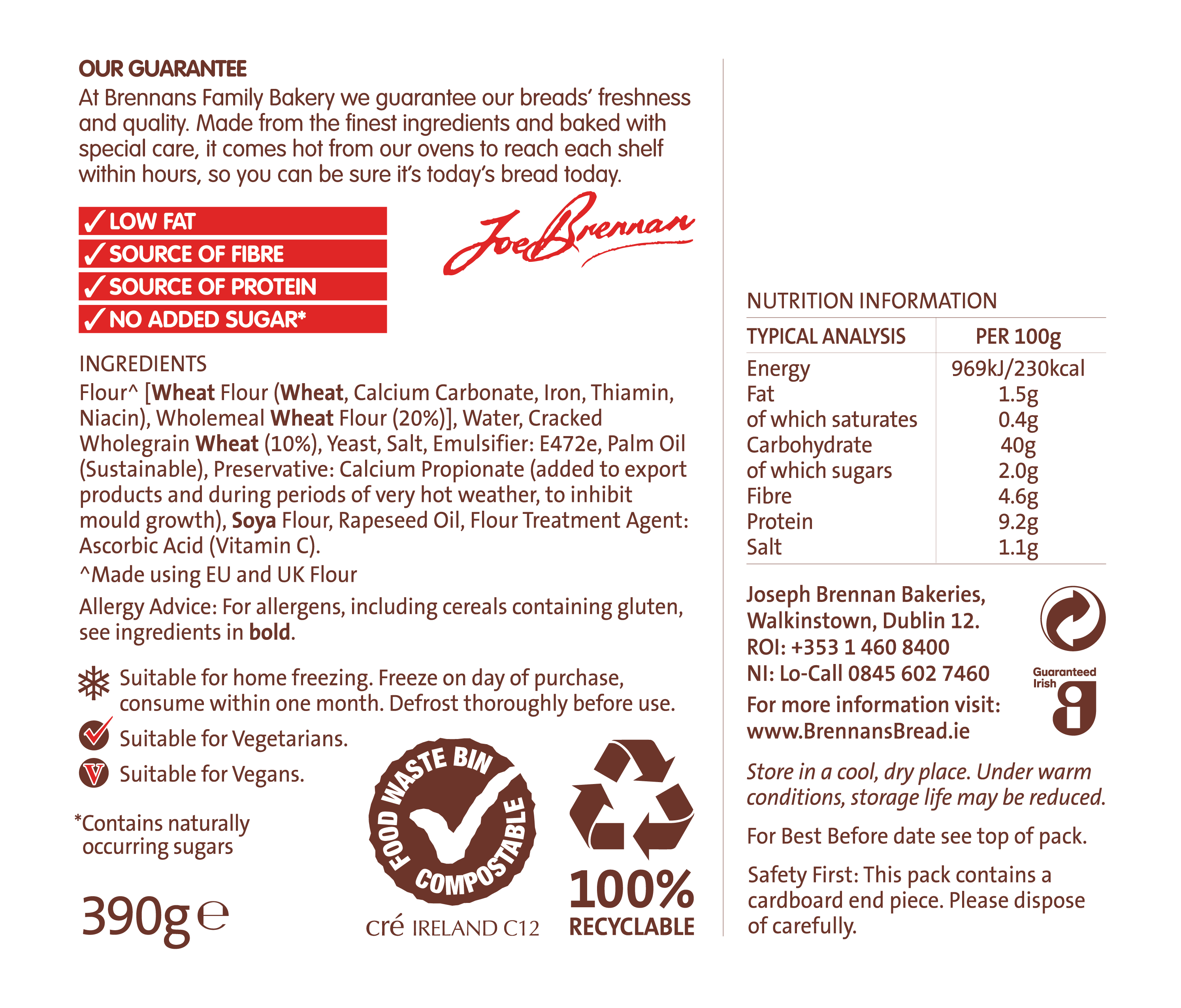 Half Pan Wholegrain 400g Nutritional Information