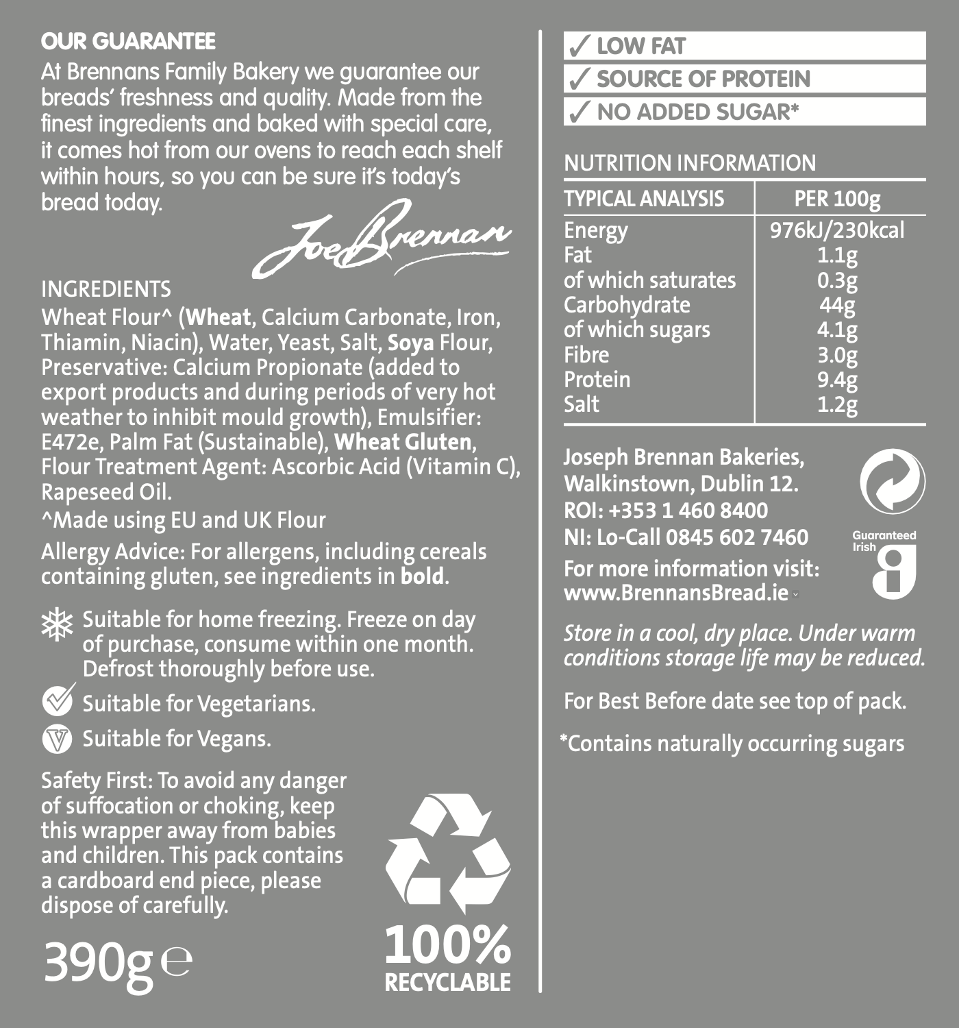 Brennans White Half Pan Nutritional Info