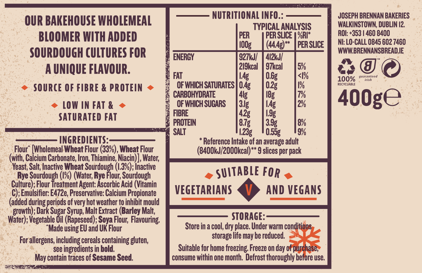 Bakehouse Wholemeal With Sourdough Nutritional Info