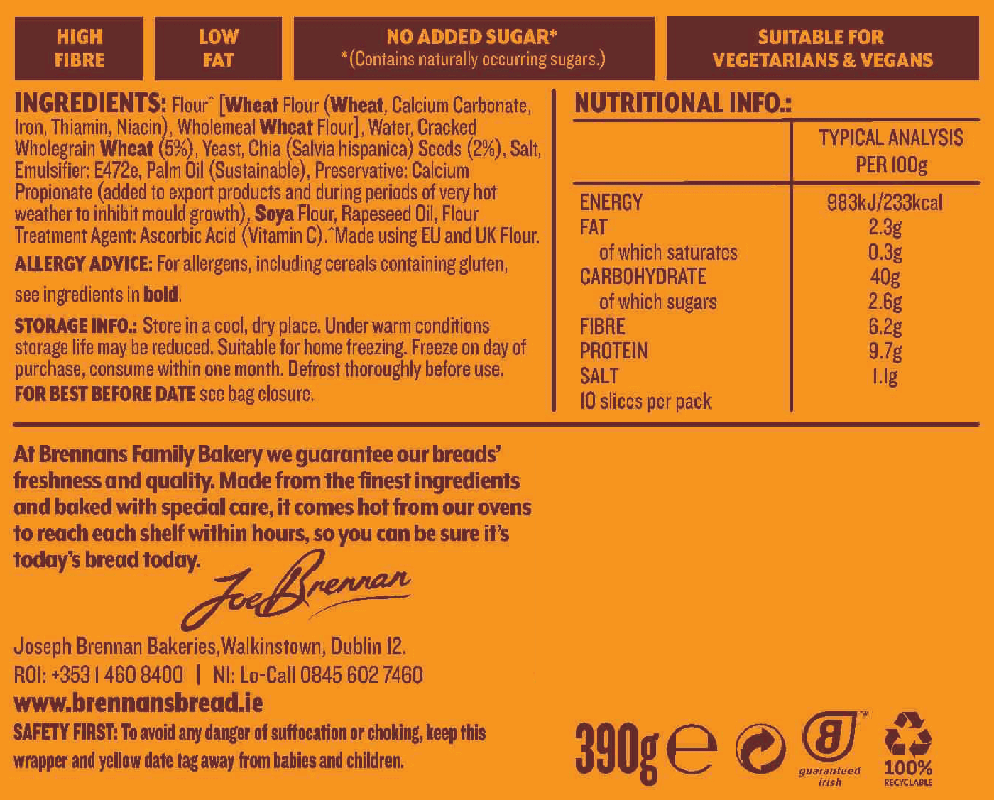 Brennans Chia Wholegrain Nutritional Information