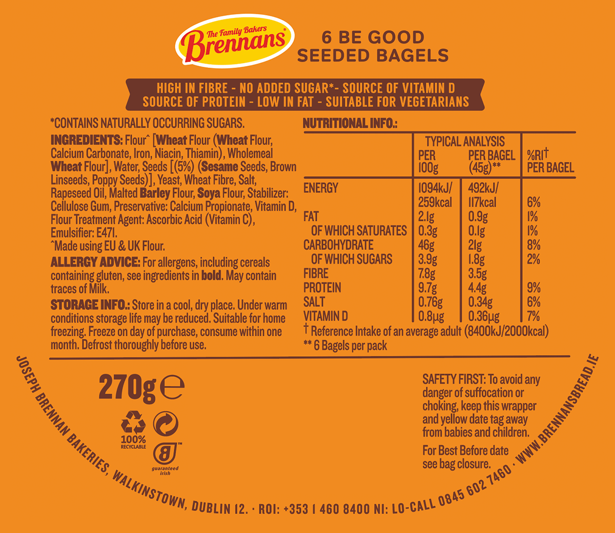 Brennans Be Good Seeded Bagels Nutritional Information