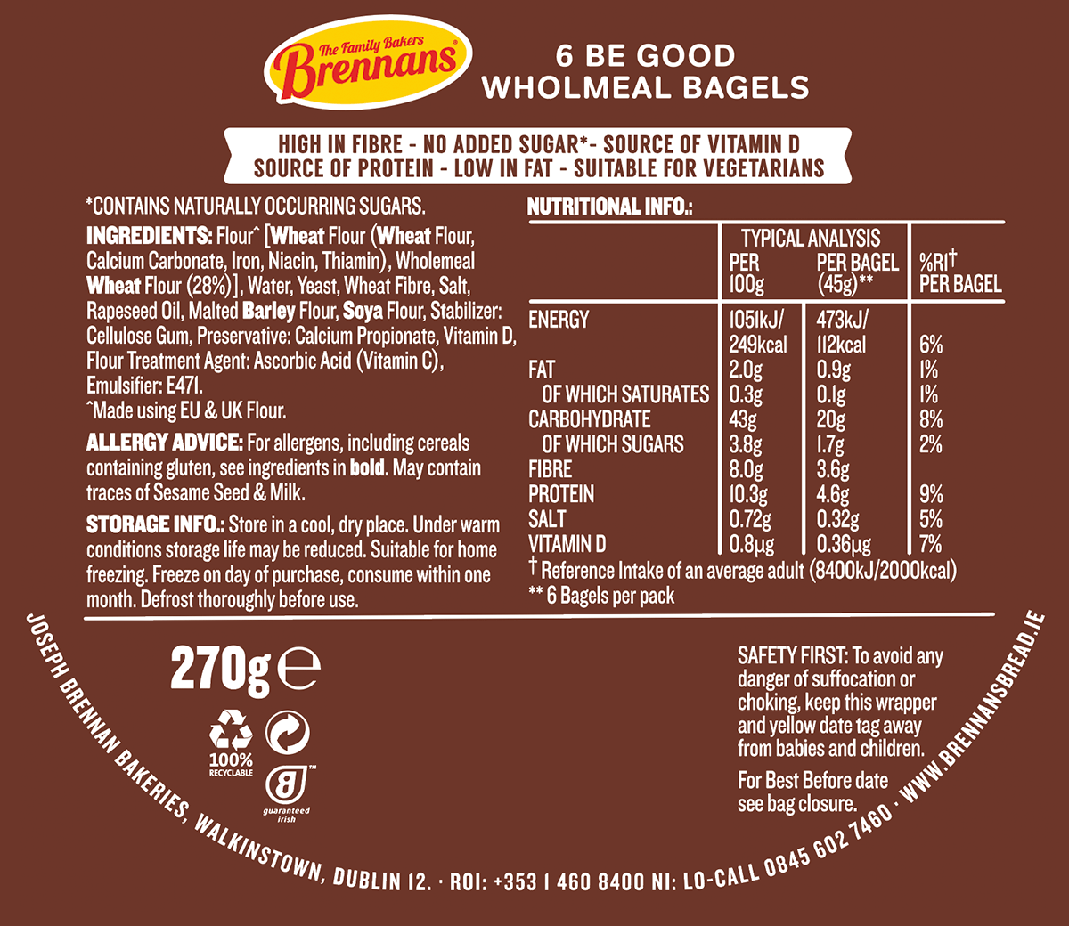 Brennans Be Good Wholemeal Bagels Nutritional Information
