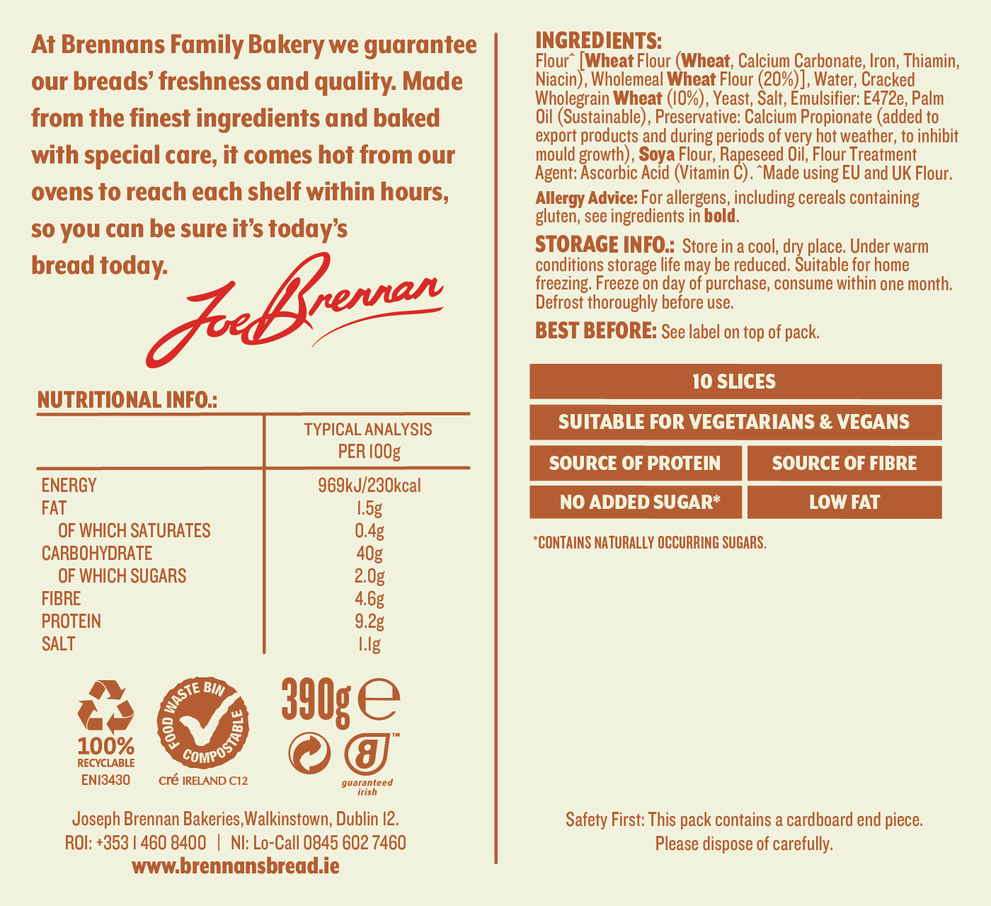 Brennans Half Pan Wholegrain Nutritional Information