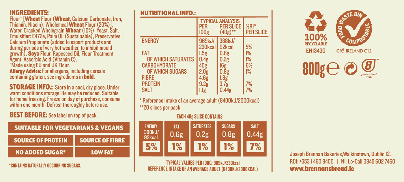 Brennans Wholegrain Nutritional Information