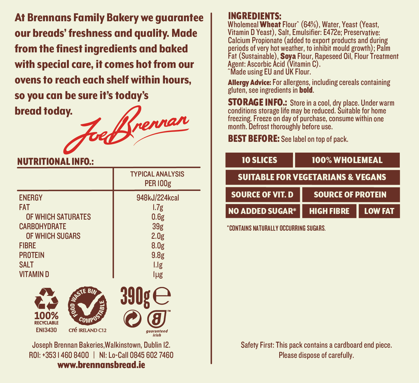 Brennans Half Pan Wholemeal Nutritional Information