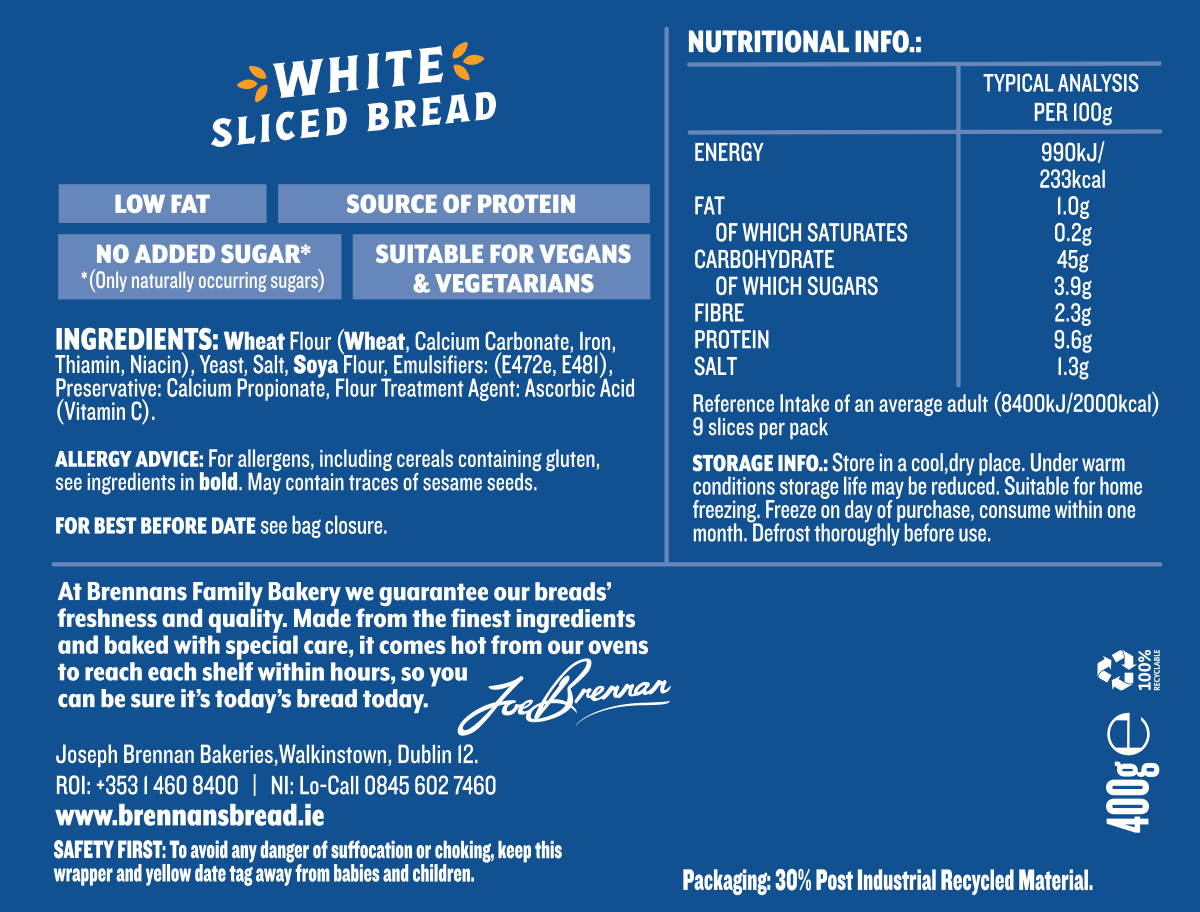 Half Bloomer White Bread Nutritional Info