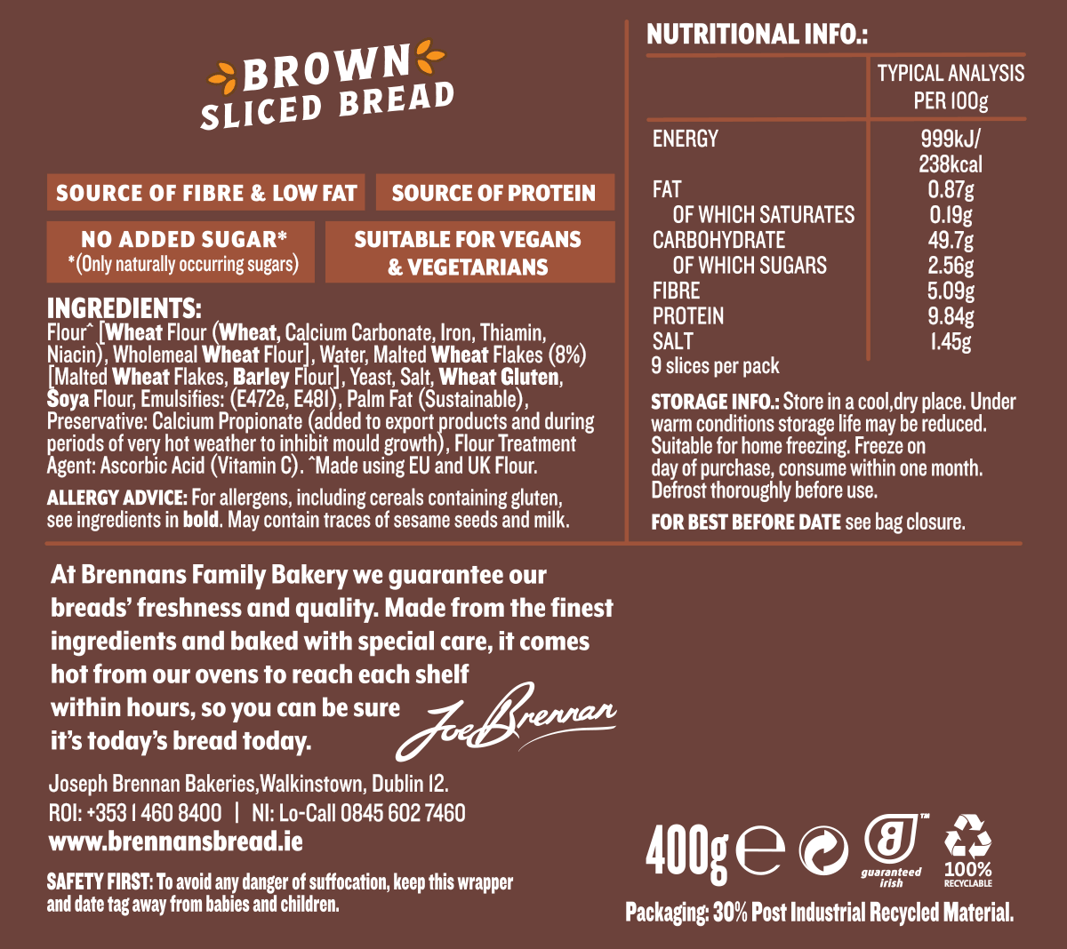 Brennans Bloomer Brown 400g Nutritional Info