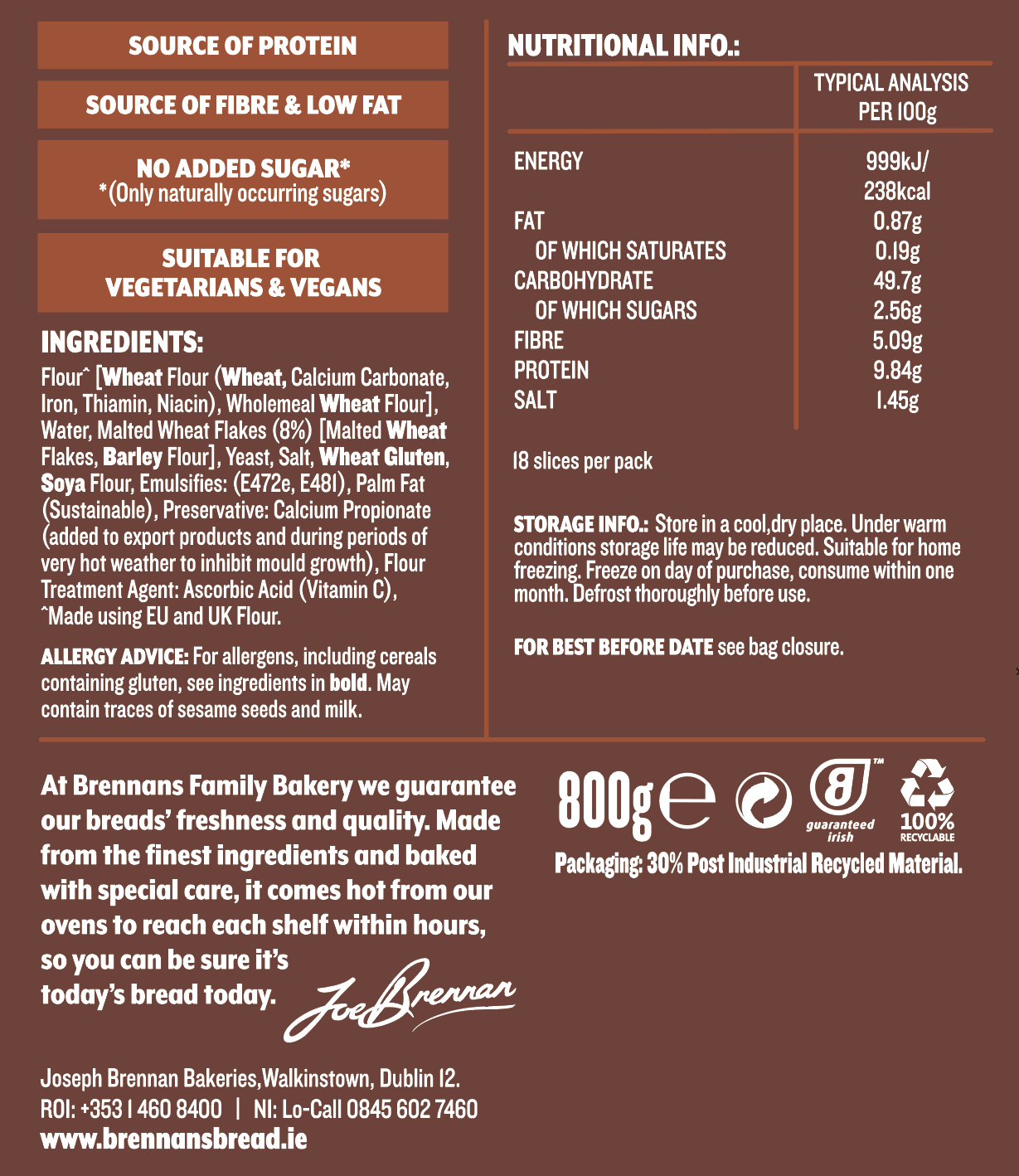 Brennans Bloomer Brown 800g Nutritional Info