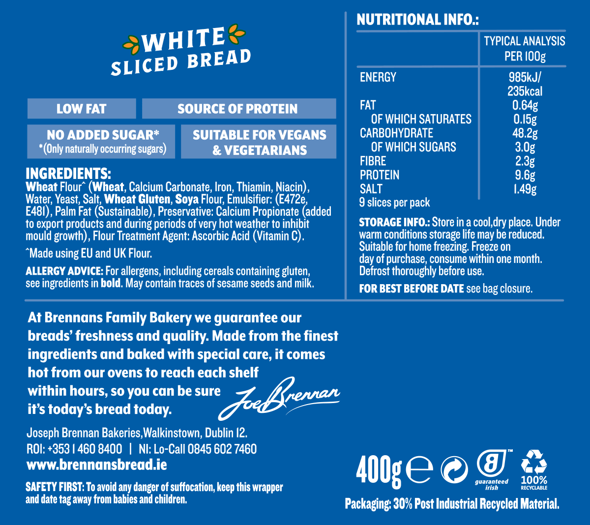Brennans Bloomer White 400g Nutritional Info